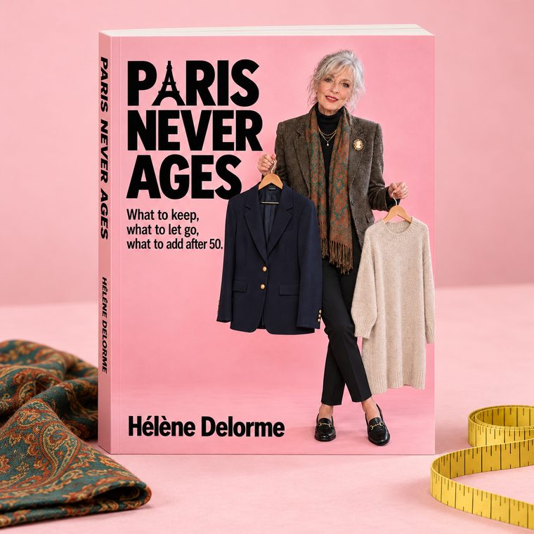 The book Paris Never Ages standing upright, its pink cover facing you, beside a silk scarf and a tape measure