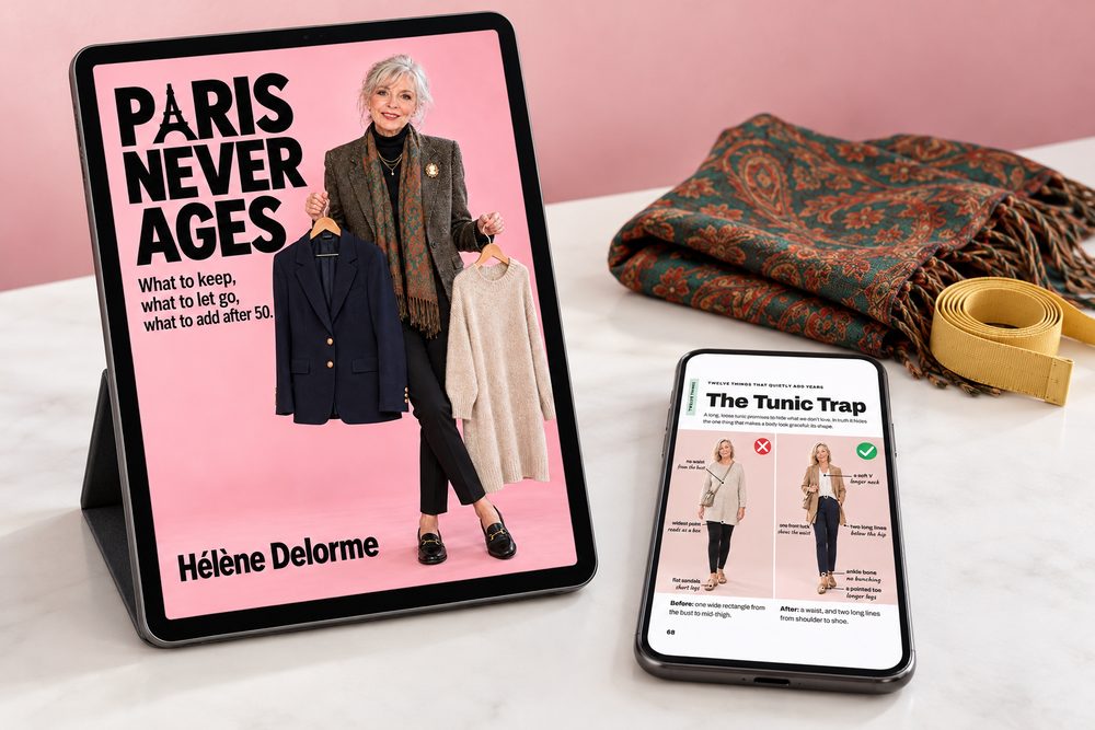 The e-book Paris Never Ages on a tablet showing the cover and on a phone showing a page with a before-and-after pair