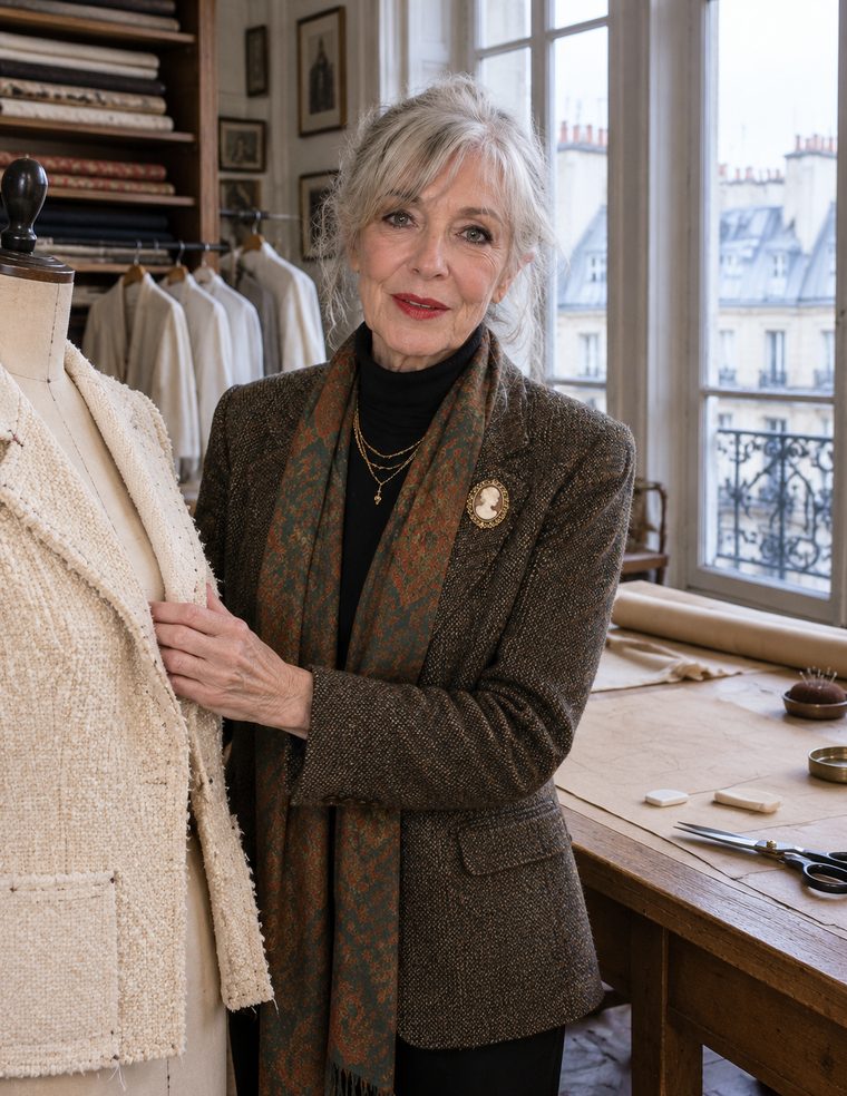 Hélène Delorme in the atelier of a Paris couture house, beside a dress form, with tall windows behind her