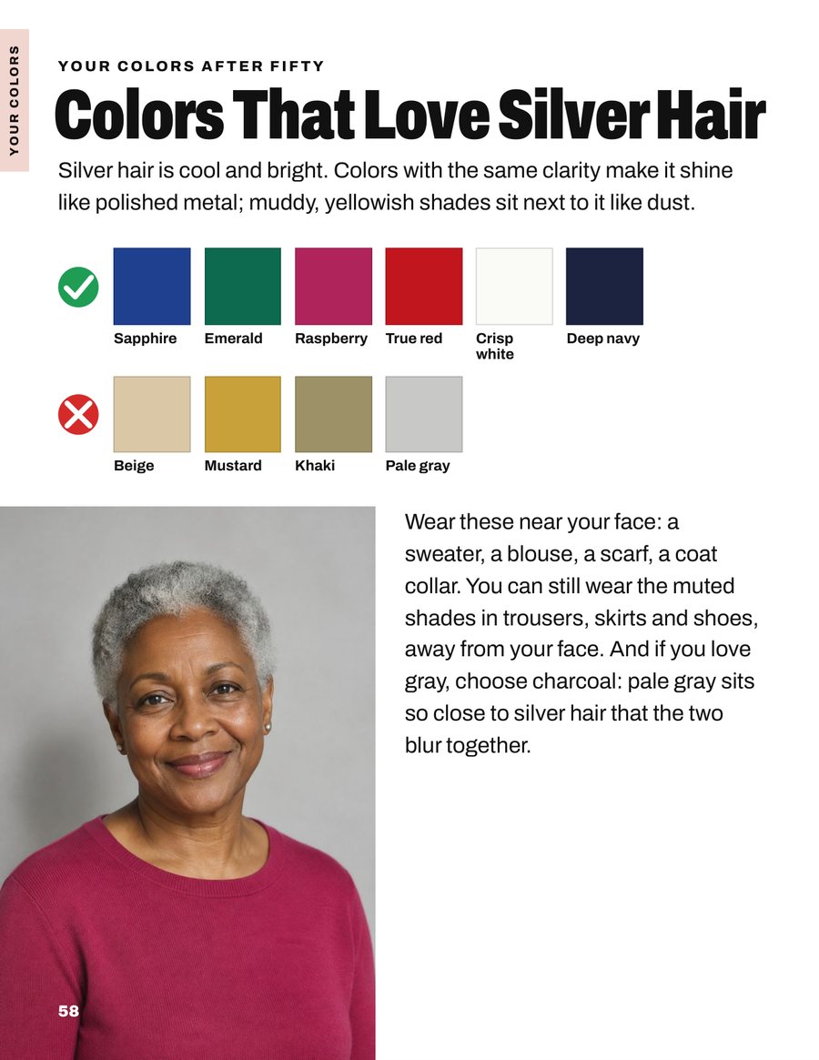 A book page titled Colors That Love Silver Hair: color swatches to wear and to avoid, and a smiling woman with silver hair