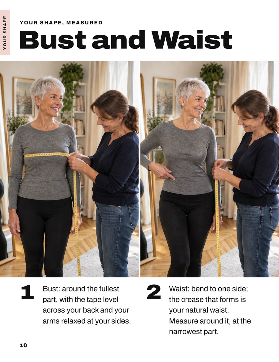 A book page titled Bust and Waist: two photographs of a woman being measured with a yellow tape, with numbered steps