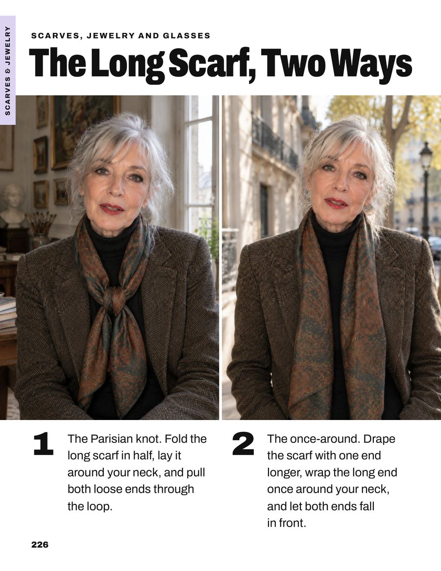 A book page titled The Long Scarf, Two Ways: numbered photographs showing how to tie a long scarf