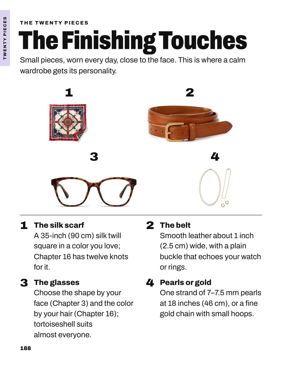 A book page titled The Finishing Touches: a silk scarf, a leather belt, tortoiseshell glasses and pearls