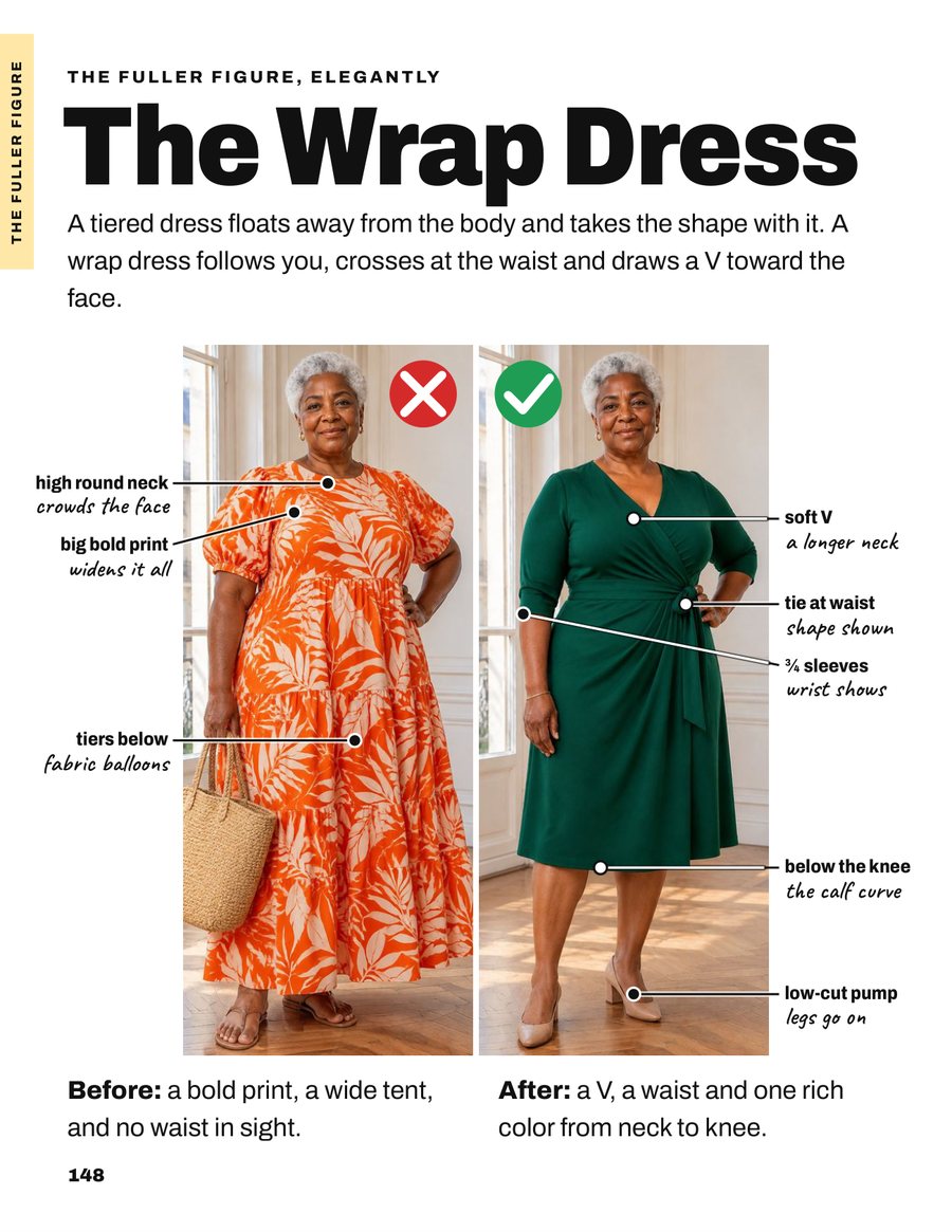 A book page titled The Wrap Dress: a before-and-after pair of a fuller-figured woman in a tiered dress and then in a wrap dress
